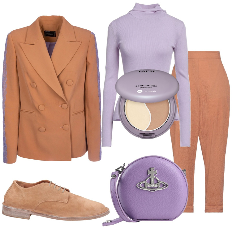 Outfit donna - Total look #2008231. Stile Trendy per Tutti i giorni. Abbinamento con scarpe stringate, pullovers, pantaloni, borse a tracolla, terre, blazer.