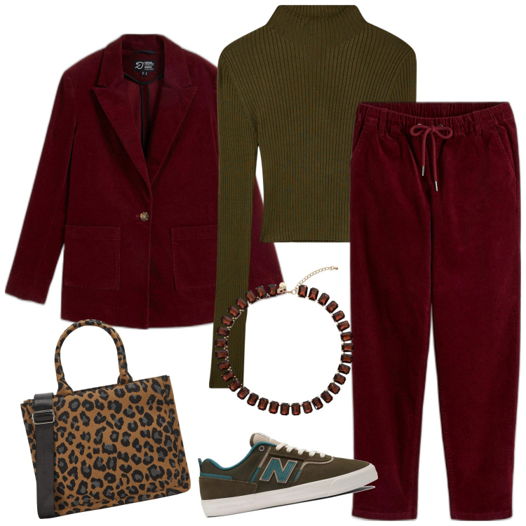 Outfit donna - Basic Style. Stile Casual per Tutti i giorni. Abbinamento con pantaloni, blazer, shopping bag, maglieria, sneakers, collane.