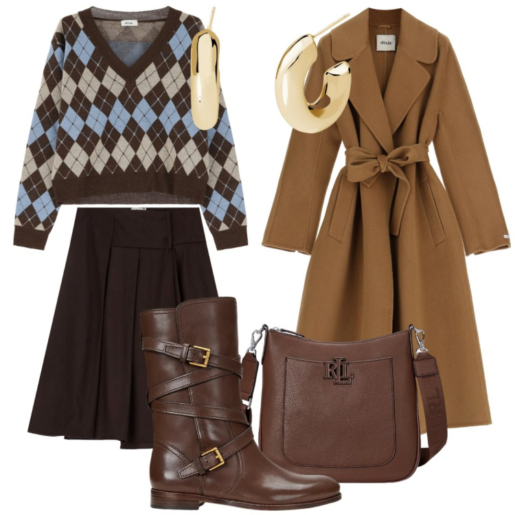 Outfit donna - Dixie Urban edit. Stile Casual chic per Tutti i giorni. Abbinamento con orecchini, cappotti, gonne longuette, maglieria, borse a tracolla, stivali.