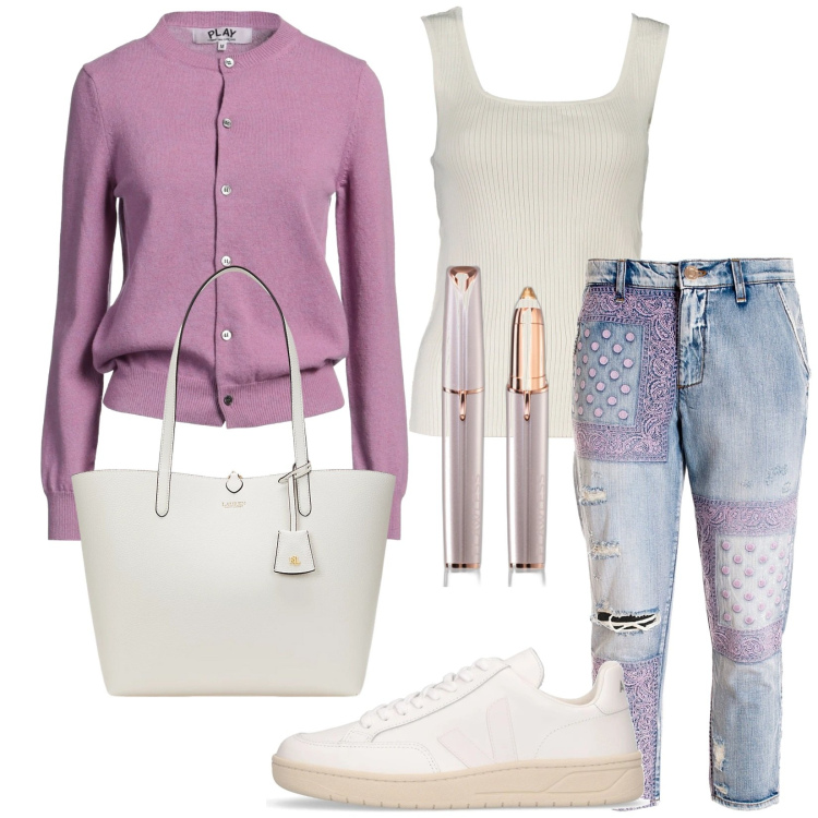 Outfit donna - Total look #2008242. Stile Casual chic per Tutti i giorni. Abbinamento con cardigans, blush, jeans strappati, borse tote, sneakers, canottiere.