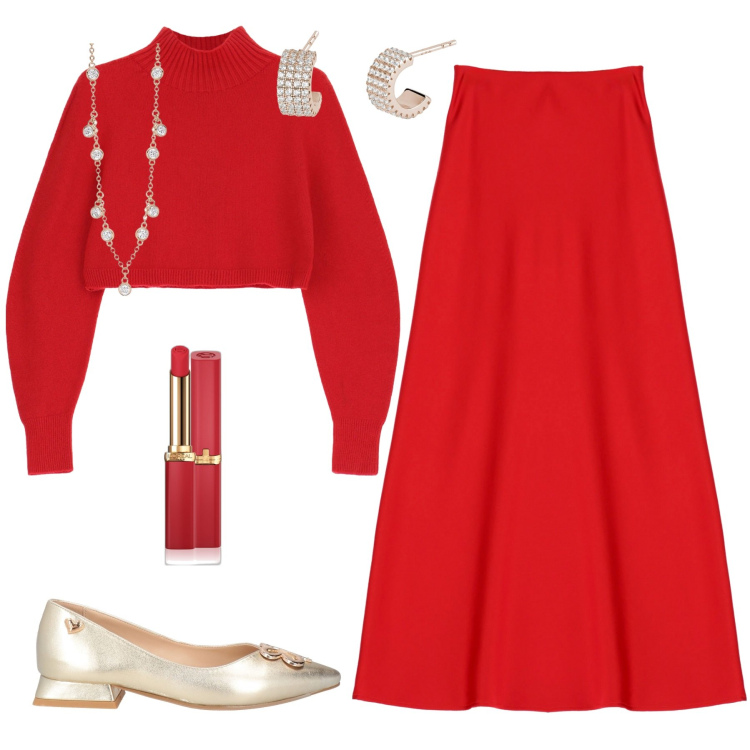 Outfit donna - Rosso per Natale. Stile Chic per Tutti i giorni. Abbinamento con ballerine, rossetti, orecchini, collane, gonne lunghe, maglieria.
