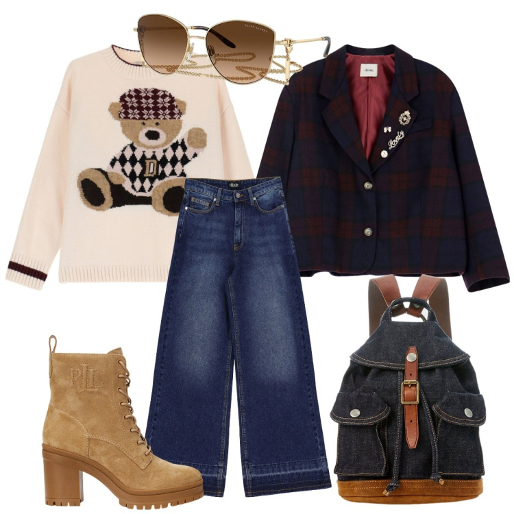 Outfit donna - Dixie style. Stile Preppy per Scuola/Università. Abbinamento con zaini, stivaletti, occhiali da sole, blazer, maglieria, jeans.