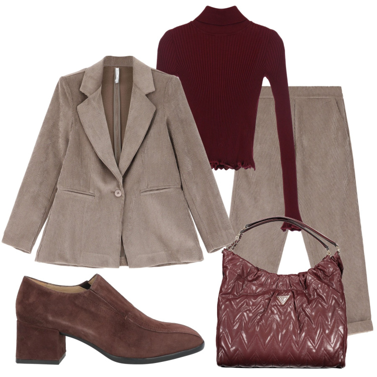 Outfit donna - Il completo effetto scamosciato. Stile Casual chic per Ufficio. Abbinamento con mocassini, pantaloni, blazer, maglieria, borse a spalla.