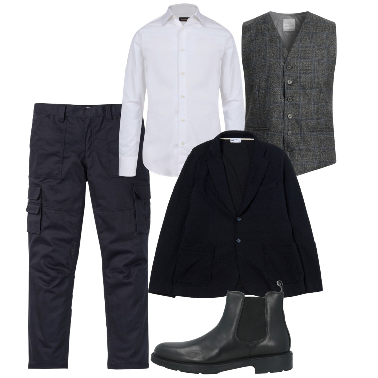 Outfit uomo - Mix And Match - i cargo col panciotto. Stile Trendy per Serata speciale. Abbinamento con pantaloni cargo, stivali e stivaletti, gilet, giacche, camicie.