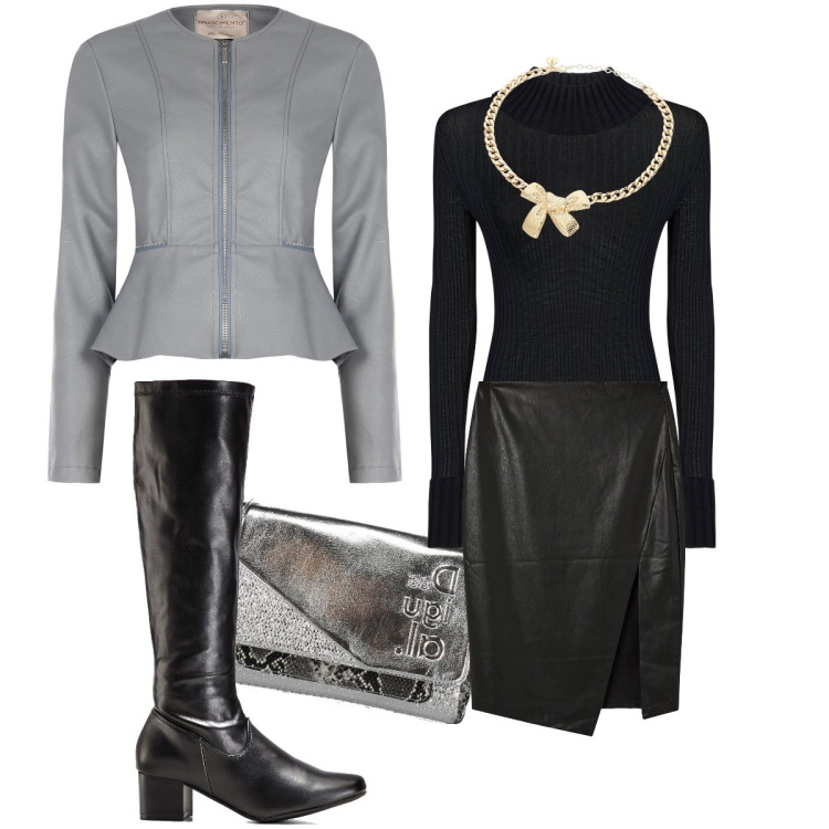 Outfit donna - La collana con il fiocco. Stile Sexy per Serata fuori. Abbinamento con stivali, gonne longuette, blazer, collane, maglieria, borse a spalla.