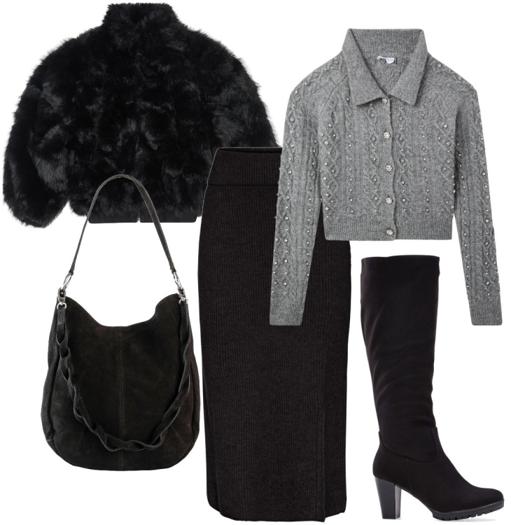 Outfit donna - Elegante per la serata. Stile Bon Ton per Serata fuori. Abbinamento con stivali, gonne, borse a mano, cardigans, ecopellicce.