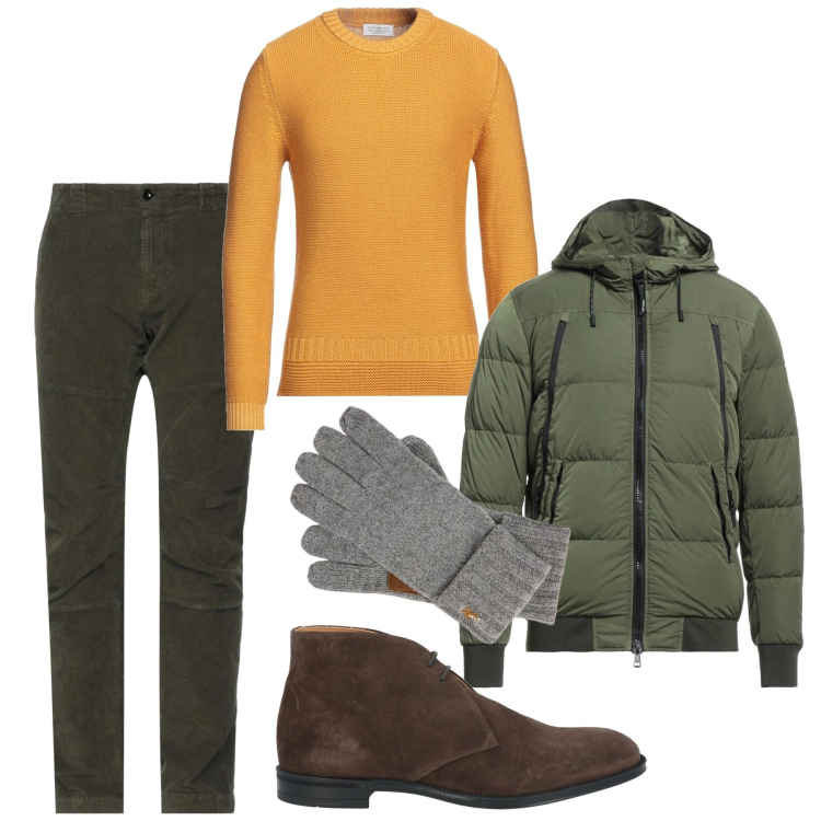 Outfit uomo - Giallo sole a novembre. Stile Urban per Tutti i giorni. Abbinamento con piumini, pantaloni, pullovers, stivali e stivaletti, guanti.