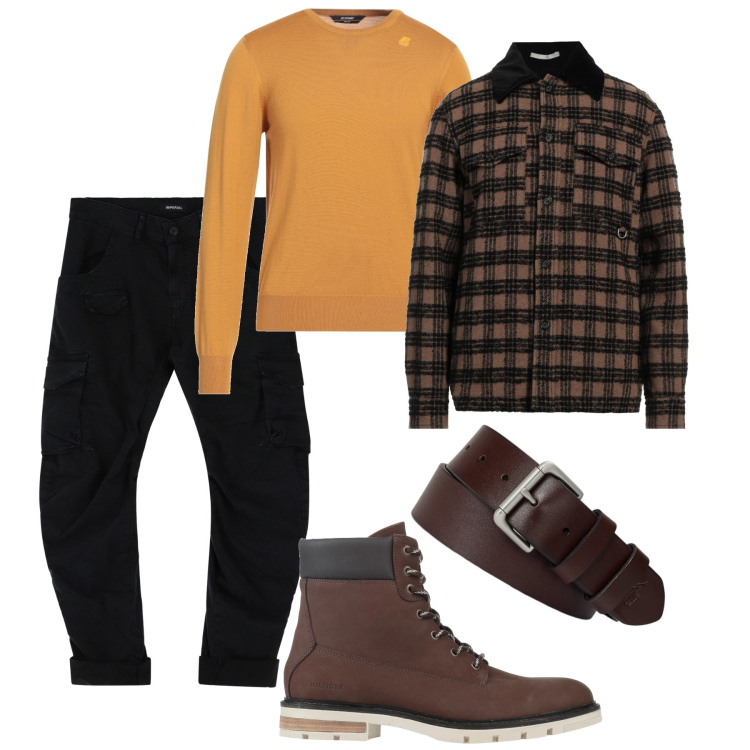 Outfit uomo - Solare. Stile Trendy per Tutti i giorni. Abbinamento con stivali e stivaletti, pullovers, camicie, pantaloni cargo, cinture.