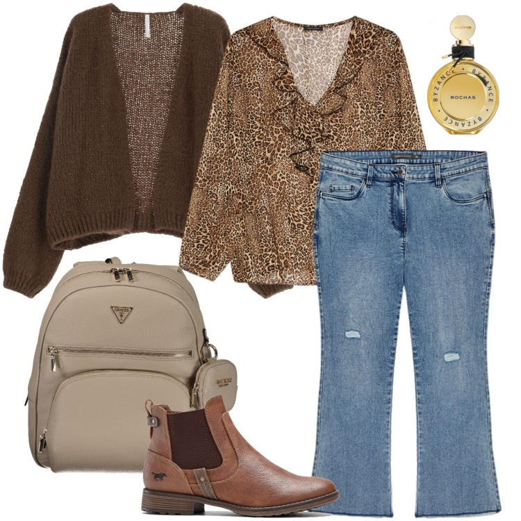 Outfit donna - La blusa leopardata. Stile Casual chic per Tutti i giorni. Abbinamento con stivaletti chelsea, profumi, cardigans, jeans strappati, bluse, zaini.