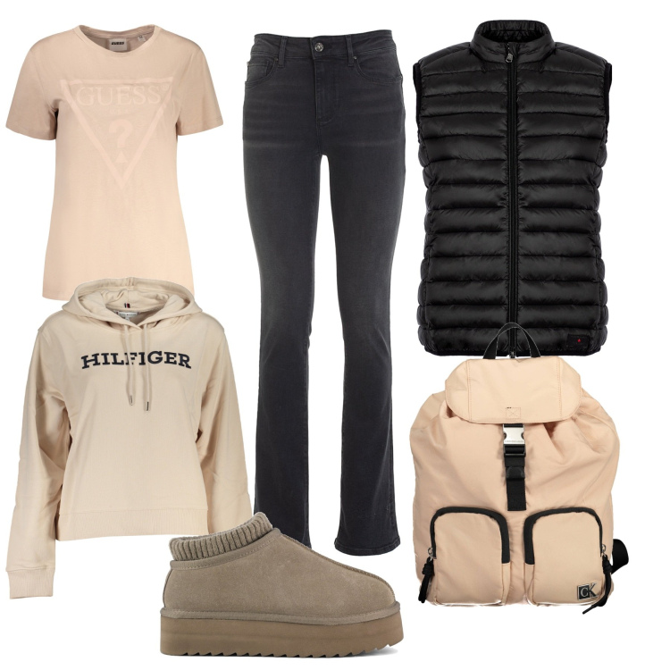 Outfit donna - Urban bicolore. Stile Urban per Tutti i giorni. Abbinamento con jeans bootcut, piumini, sabot, zaini, felpe con cappuccio, t-shirt.