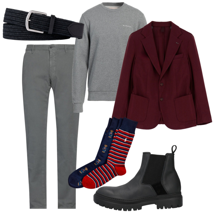 Outfit uomo - Grey&Burgundy. Stile Trendy per Serata speciale. Abbinamento con stivali e stivaletti, pantaloni chino, felpe, giacche, calzini, cinture.