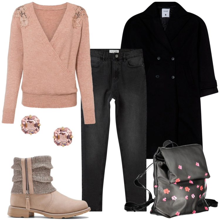 Outfit donna - Total look #2008283. Stile Casual per Ufficio. Abbinamento con maglieria, stivaletti, jeans skinny, cappotti, orecchini, zaini.