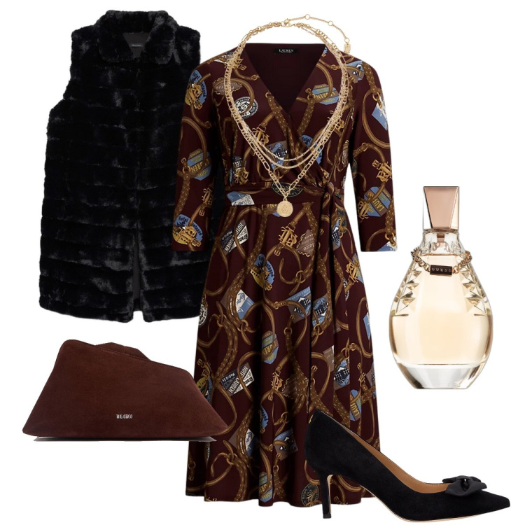 Outfit donna - Il gilet impellicciato. Stile Chic per Serata fuori. Abbinamento con profumi, ciondoli, vestiti, décolleté, gilet, pochette.