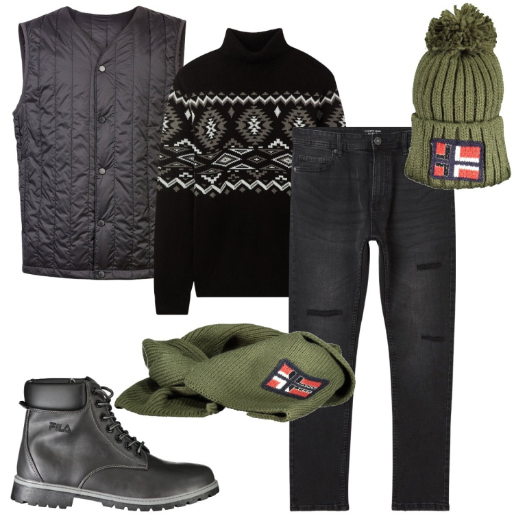 Outfit uomo - Sciarpa e berretto abbinati. Stile Urban per Ufficio. Abbinamento con jeans strappati, maglieria, piumini, stivali, berretti, sciarpe.