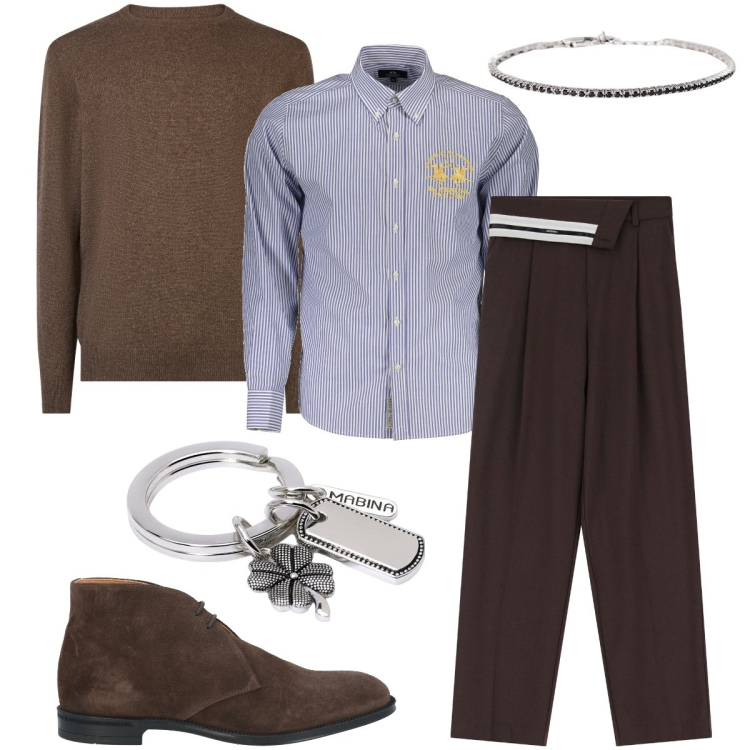 Outfit uomo - Serata elegante. Stile Business/Elegante per Serata speciale. Abbinamento con stivali e stivaletti, portachiavi, braccialetti, pantaloni a palazzo, maglieria, camicie.
