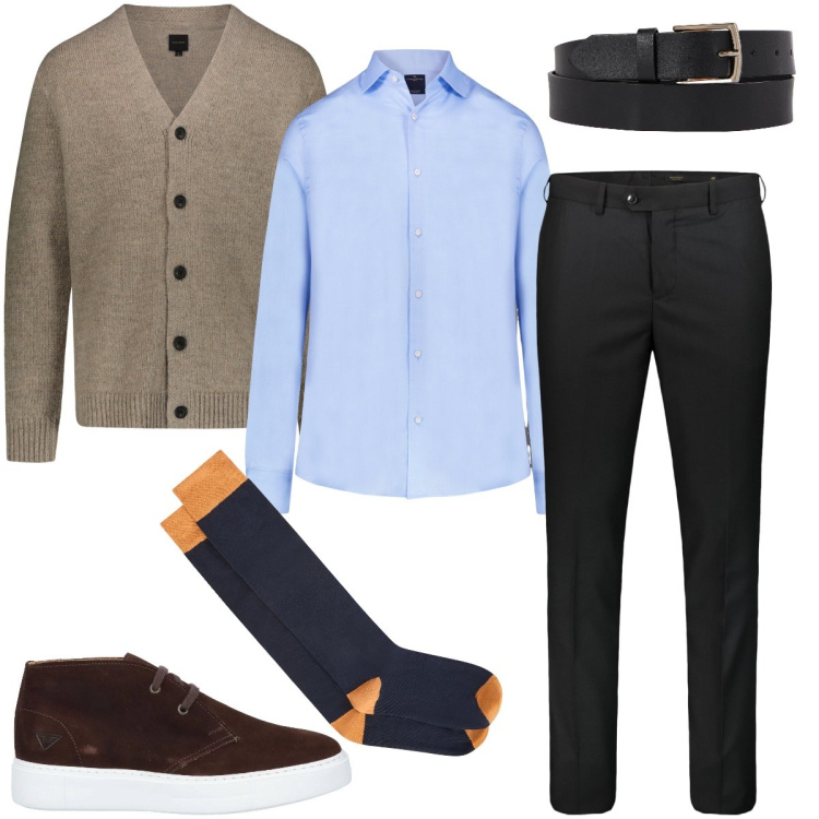 Outfit uomo - Il cardigan mélange. Stile Business/Elegante per Ufficio. Abbinamento con stivali e stivaletti, camicie, pantaloni, cardigans, calzini, cinture.