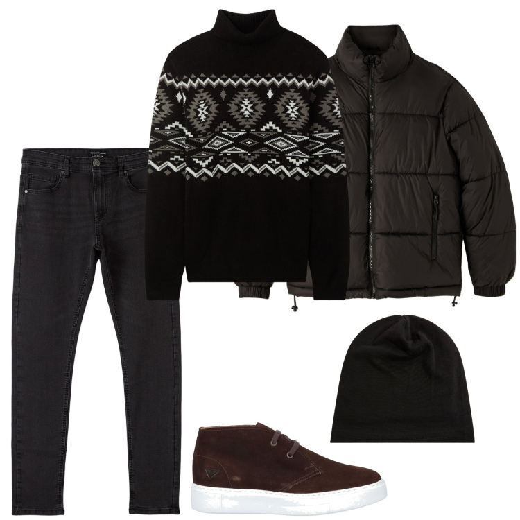 Outfit uomo - Ai mercatini. Stile Casual per Tutti i giorni. Abbinamento con stivali e stivaletti, maglieria, piumini, jeans skinny, berretti.