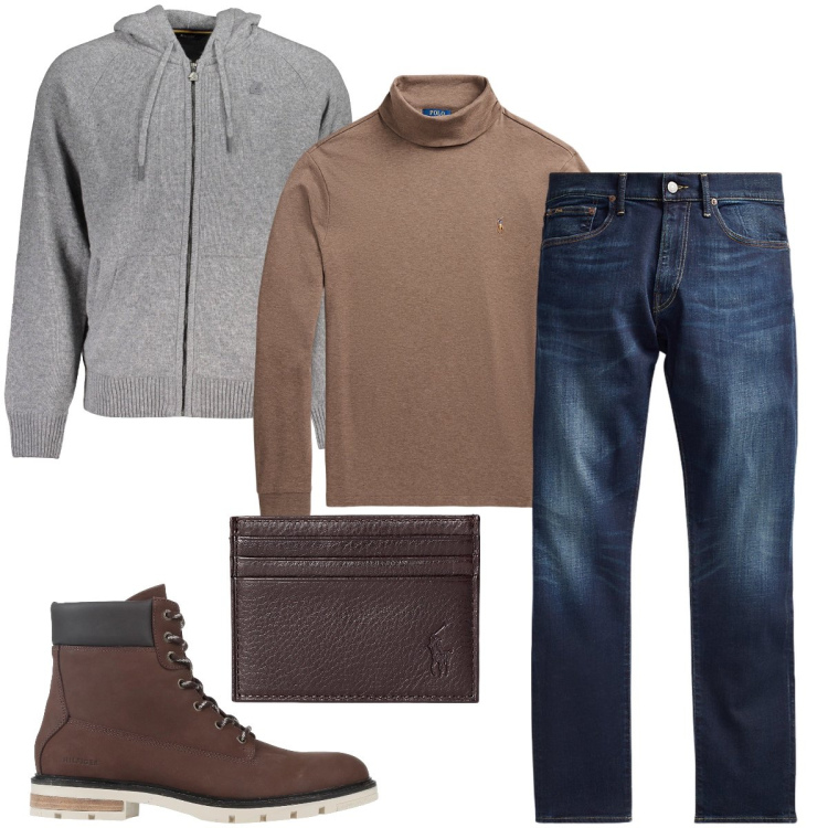 Outfit uomo - In ufficio. Stile Urban per Ufficio. Abbinamento con stivali e stivaletti, jeans, portafogli, polo, cardigans.