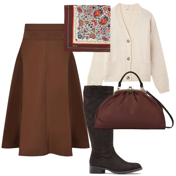 Outfit donna - City. Stile Urban per Tutti i giorni. Abbinamento con stivali, cardigans, foulard, gonne, borse a spalla.