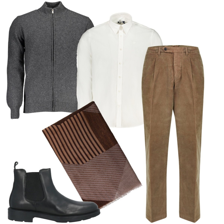 Outfit uomo - Al compleanno. Stile Business/Elegante per Cerimonia. Abbinamento con stivali e stivaletti, sciarpe, pantaloni, cardigans, camicie.