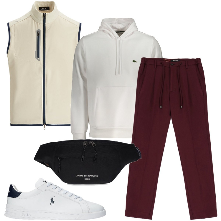 Outfit uomo - Il pantalone con coulisse. Stile Casual per Tutti i giorni. Abbinamento con pantaloni, sneakers, gilet, borse sportive, felpe con cappuccio.