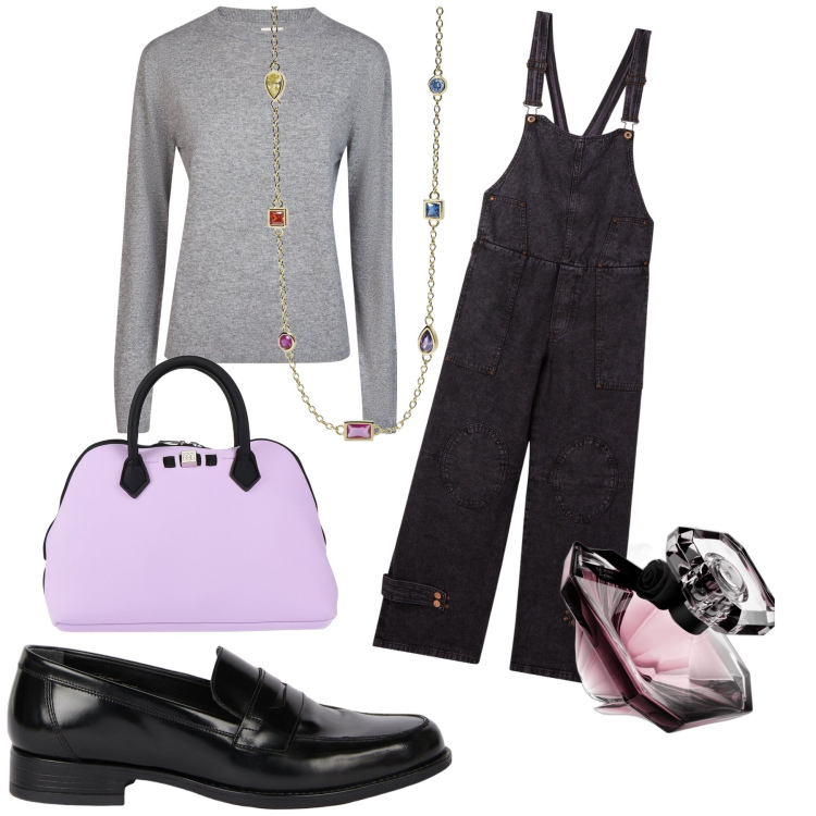 Outfit donna - Total look. Stile Trendy per Tutti i giorni. Abbinamento con borse a mano, profumi, salopette, collane, maglieria, mocassini.
