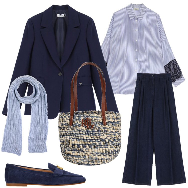 Outfit donna - Il blu classico. Stile Bon Ton per Ufficio. Abbinamento con sciarpe, borse a spalla, pantaloni, blazer, camicie, mocassini.