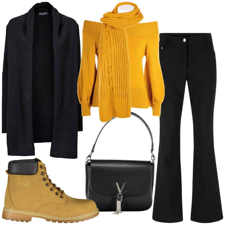 Outfit donna - Total look #2008325. Stile Casual per Ufficio. Abbinamento con pantaloni, cardigans, maglieria, sciarpe, borse a spalla, stivali.