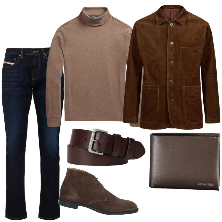 Outfit uomo - Choco. Stile Trendy per Tutti i giorni. Abbinamento con stivali e stivaletti, cinture, polo, giacche, jeans slim fit, portafogli.