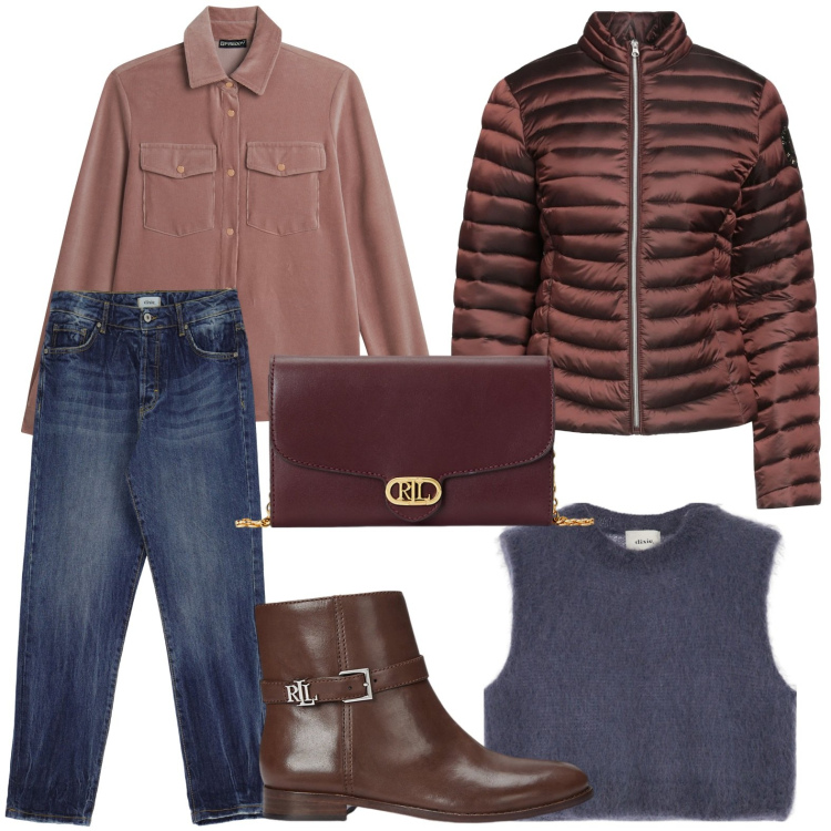 Outfit donna - Il piumino luminoso. Stile Basic per Ufficio. Abbinamento con piumini, camicie, jeans, gilet, borse a tracolla, stivaletti.