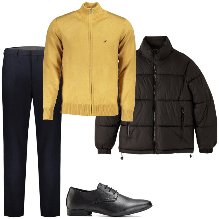 Outfit uomo - Colori a contrasto. Stile Casual per Tutti i giorni. Abbinamento con scarpe stringate, pantaloni, piumini, cardigans.