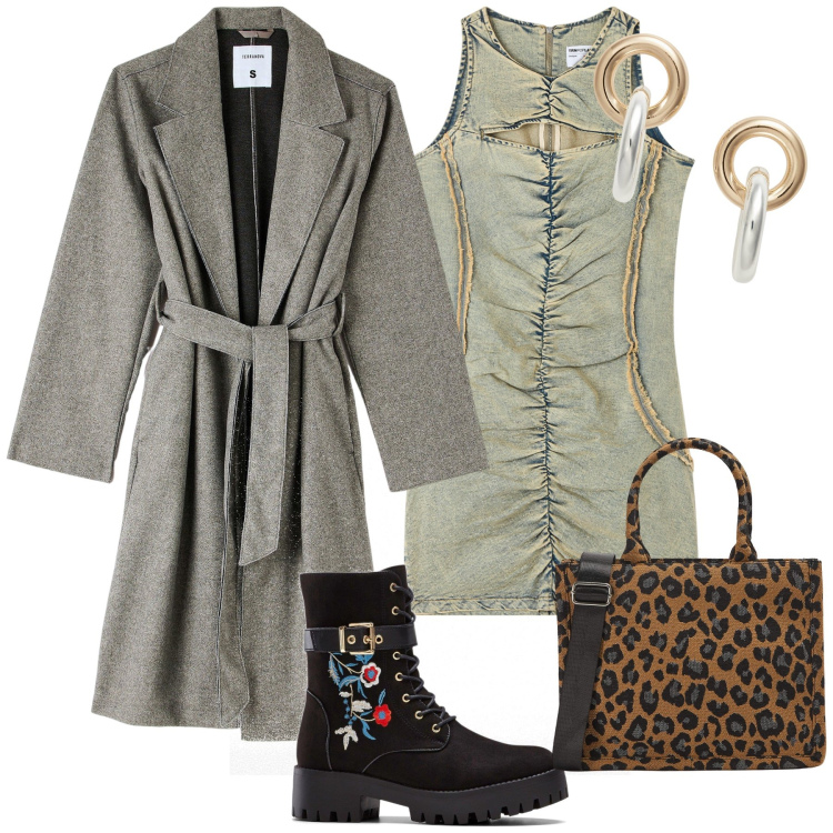 Outfit donna - Originalità. Stile Trendy per Tutti i giorni. Abbinamento con stivali, vestiti senza maniche, cappotti, shopping bag, orecchini.