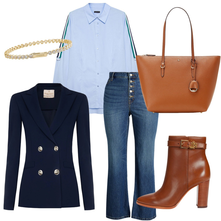 Outfit donna - Stile urbano. Stile Casual per Tutti i giorni. Abbinamento con braccialetti, blazer, borse tote, jeans, stivaletti, camicie.