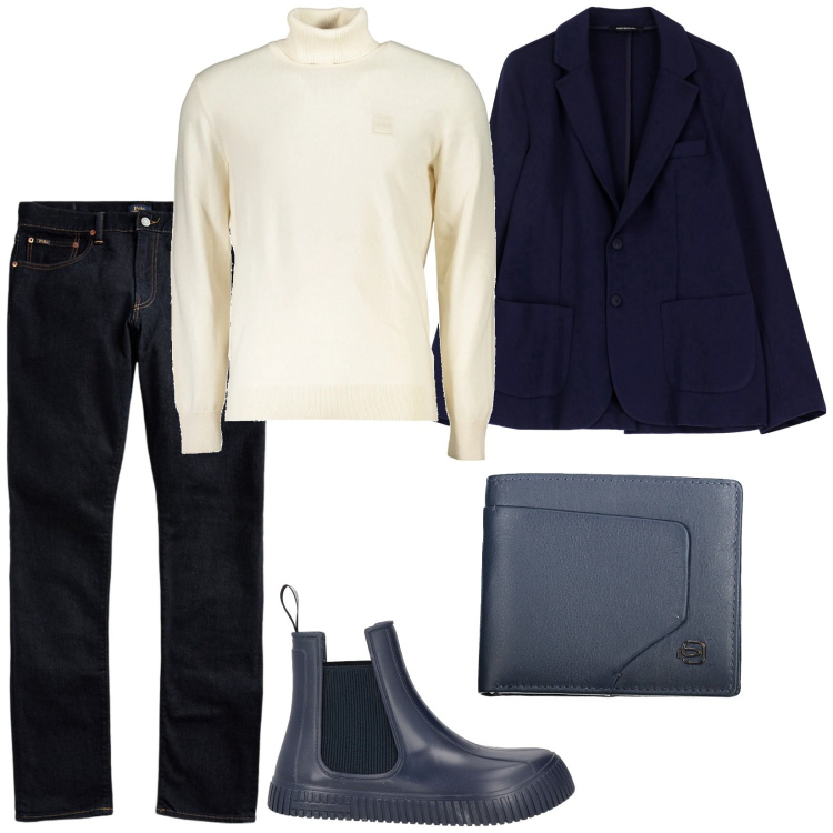 Outfit uomo - Casual chic. Stile Trendy per Serata speciale. Abbinamento con stivali e stivaletti, giacche, jeans, maglieria, portafogli.
