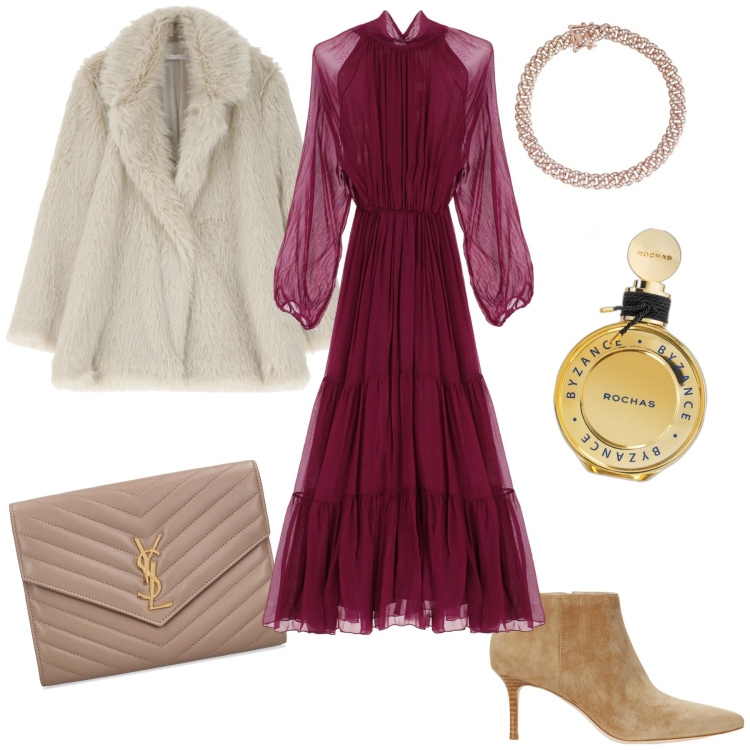 Outfit donna - L abito color vino. Stile Chic per Cerimonia. Abbinamento con profumi, braccialetti, ecopellicce, vestiti lunghi, stivaletti, pochette.