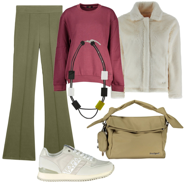 Outfit donna - Sport chic di mattina. Stile Sporty chic per Tutti i giorni. Abbinamento con pantaloni, cappotti, felpe, sneakers, borse a spalla, collane.
