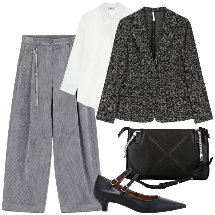 Outfit donna - City. Stile Trendy per Tutti i giorni. Abbinamento con pantaloni a palazzo, blazer, décolleté, camicie, borse a tracolla.