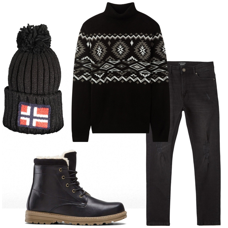 Outfit uomo - In baita. Stile Casual per Tutti i giorni. Abbinamento con stivali e stivaletti, maglieria, jeans strappati, berretti.