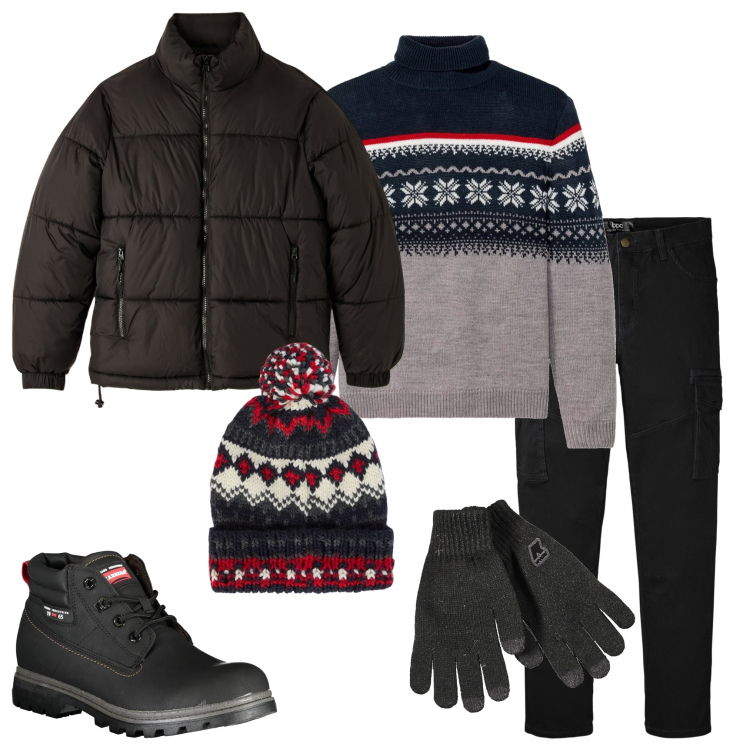 Outfit uomo - In montagna. Stile Casual per Sport. Abbinamento con maglieria, pantaloni cargo, piumini, berretti, guanti, stivali.