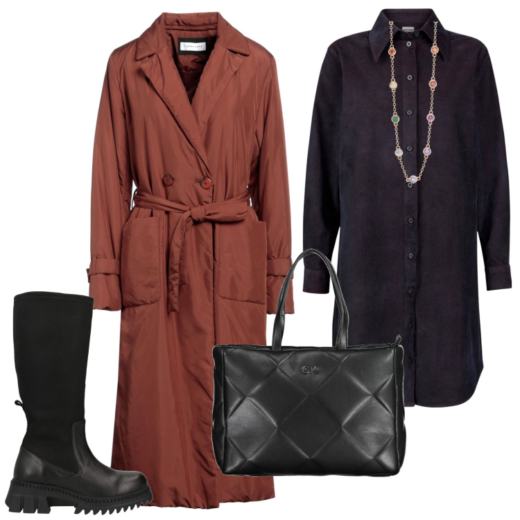 Outfit donna - In città. Stile Casual chic per Ufficio. Abbinamento con cappotti, stivali, collane, vestiti chemisier, borse a spalla.