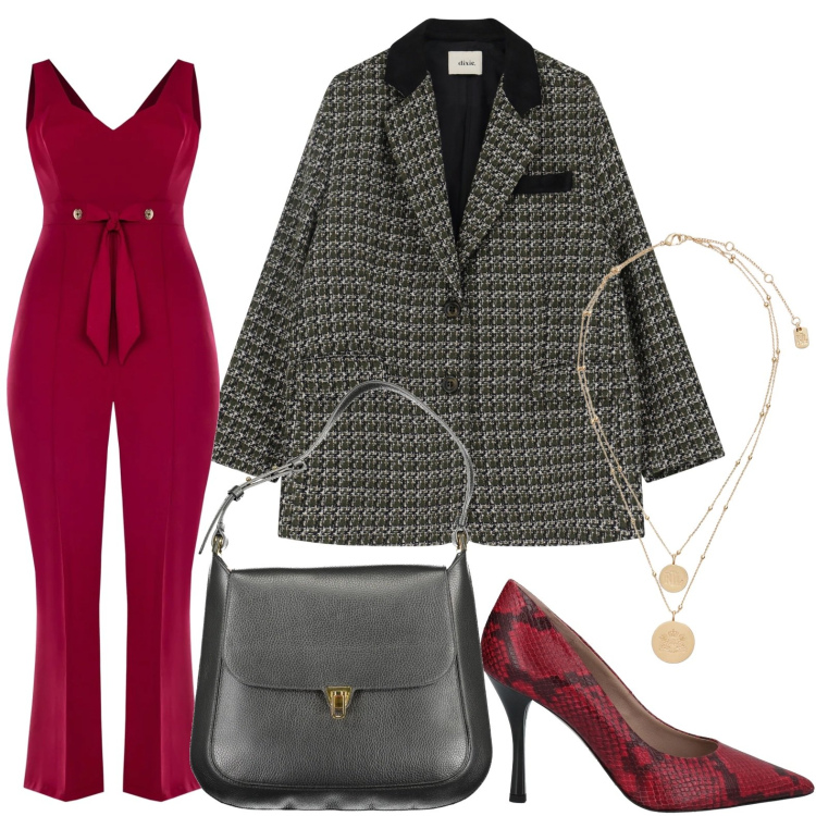 Outfit donna - La tuta rubino. Stile Chic per Serata fuori. Abbinamento con décolleté, tute, blazer, ciondoli, borse a spalla.
