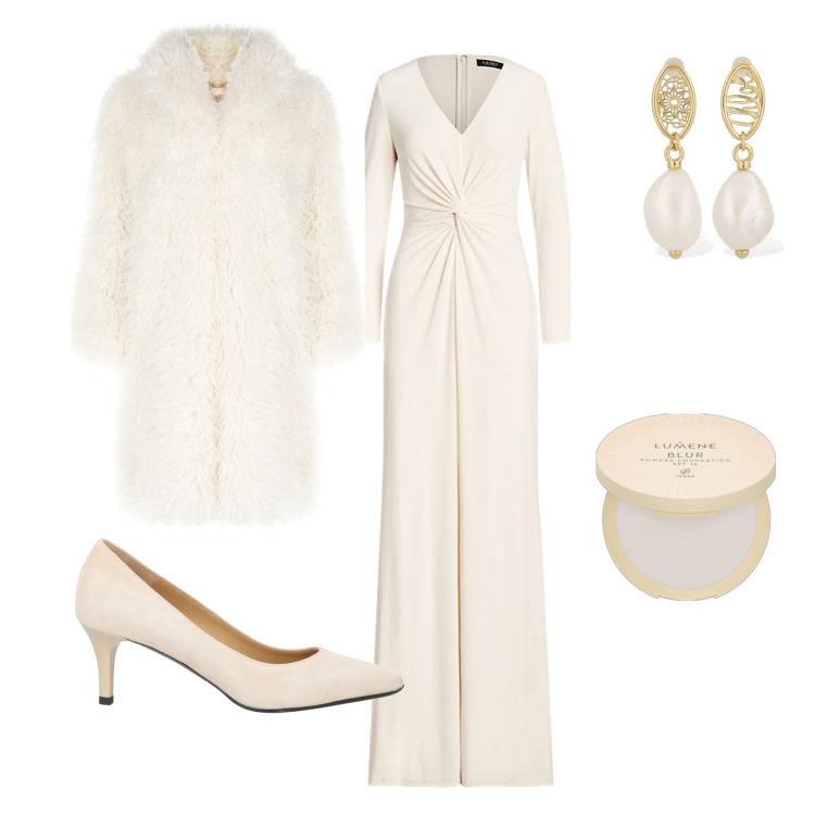 Outfit donna - Sposa d’inverno. Stile Chic per Cerimonia. Abbinamento con décolleté, ciprie, cappotti, vestiti, orecchini.