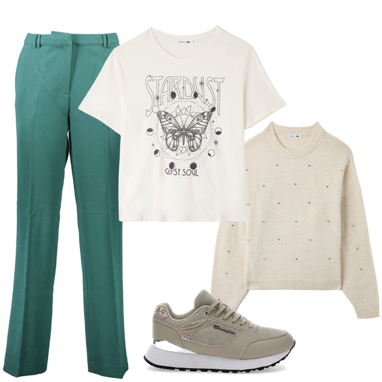 Outfit donna - Toni neutri. Stile Casual per Scuola/Università. Abbinamento con maglieria, t-shirt, sneakers, pantaloni.