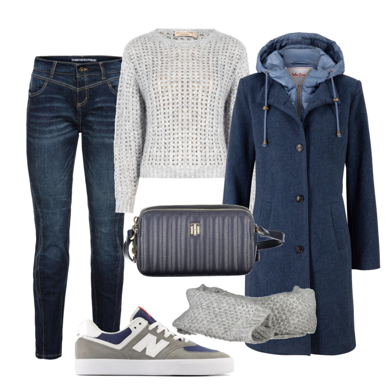 Outfit donna - Per tutti i giorni blu e grigio perla. Stile Casual per Tutti i giorni. Abbinamento con cappotti, jeans boyfriend, sneakers, maglieria, borse a tracolla, sciarpe.