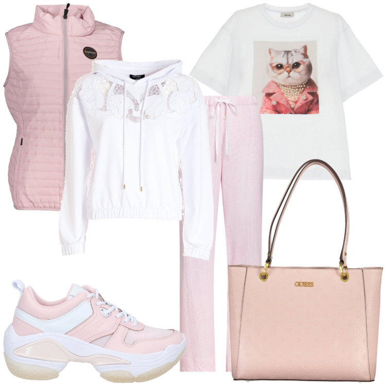 Outfit donna - Bianco Rosa n. Stile Casual per Tutti i giorni. Abbinamento con sneakers, felpe con cappuccio, t-shirt, pantaloni, blazer, borse a spalla.