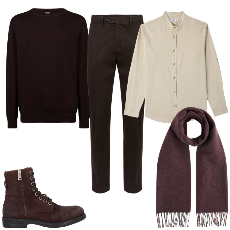Outfit uomo - Serata chic. Stile Business/Elegante per Serata speciale. Abbinamento con stivali e stivaletti, camicie, maglieria, pantaloni chino, sciarpe.
