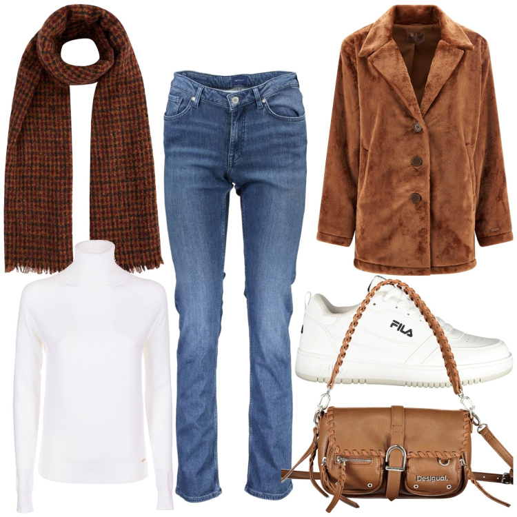 Outfit donna - Mai senza sciarpa. Stile Boho per Tutti i giorni. Abbinamento con maglieria, cappotti, jeans, sneakers, borse a spalla, sciarpe.