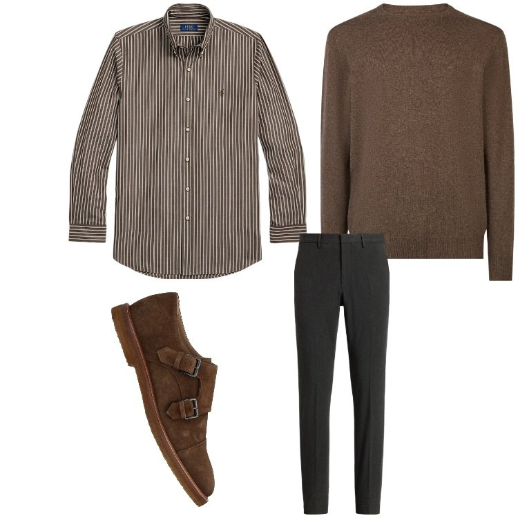 Outfit uomo - Righe e marrone. Stile Casual per Tutti i giorni. Abbinamento con scarpe stringate, pantaloni, camicie, maglieria.