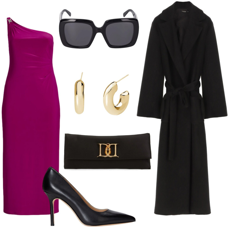 Outfit donna - Fuxia di sera. Stile Chic per Cerimonia. Abbinamento con orecchini, cappotti, vestiti asimmetrici, décolleté, pochette, occhiali da sole.