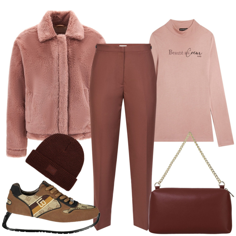 Outfit donna - Il freddo si fa sentire. Stile Basic per Tutti i giorni. Abbinamento con cappotti, maglieria, berretti, borse a tracolla, pantaloni, sneakers.